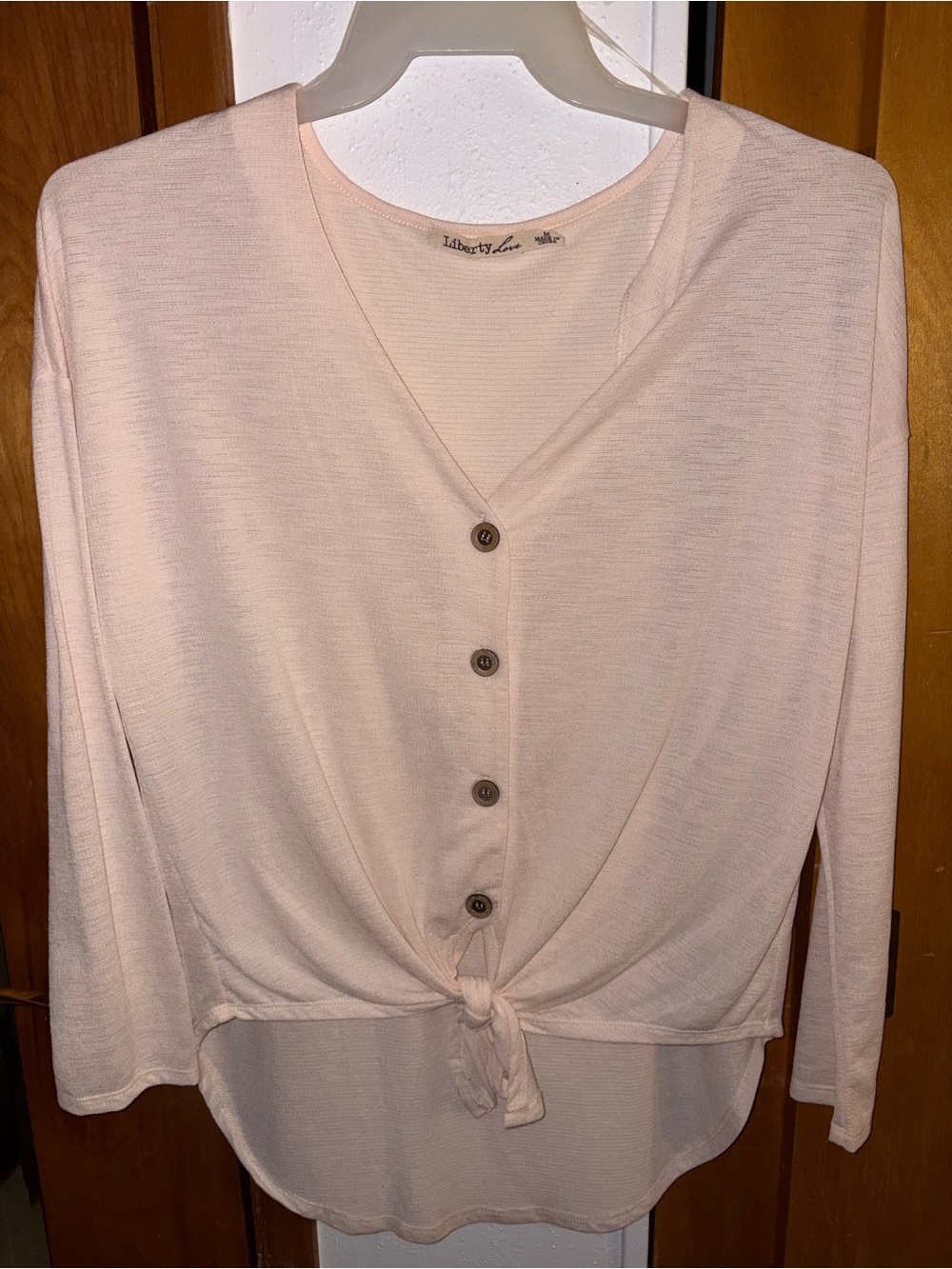 Liberty Love Blush Pink Tie-Front Button V-Neck Top - Women